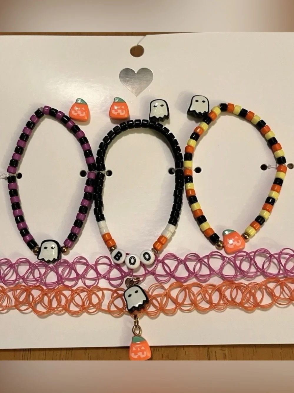 Kids Halloween Beaded Bracelet & Earring Set - Ghost & Pumpkin Design